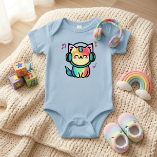 Body Para Bebê Gato Cartoon Kawaii Sorridente Feliz com Fones de