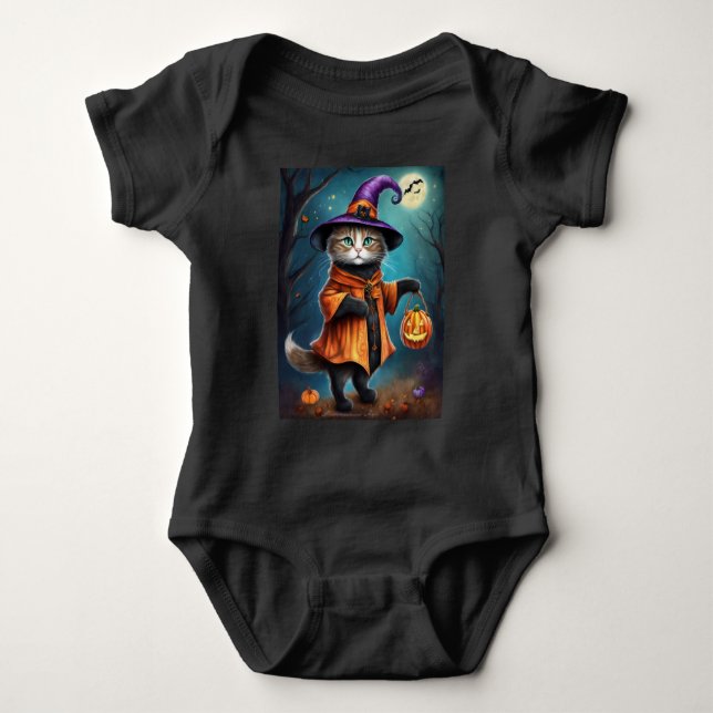 Body Para Bebê Gato como uma Bruxa Fofo Halloween (Frente)