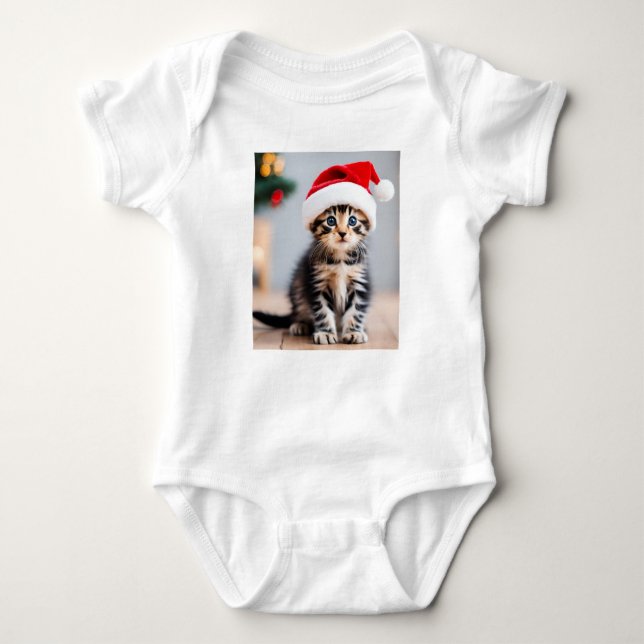 Body Para Bebê Gato de Natal com Chapéu de Pai Natal, Kitten (Frente)