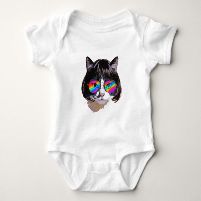 Body Para Bebê Gato de Peruca + Óculos de Sol (Pintura #8) (Frente)