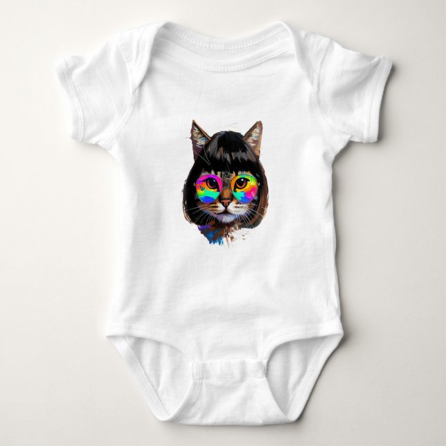 Body Para Bebê Gato de Peruca + Óculos de Sol (Pintura #9) (Frente)