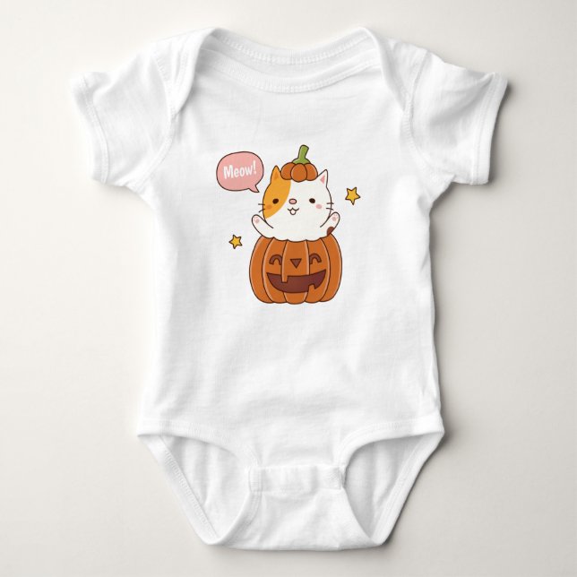 Body Para Bebê Gato giro no Halloween de abóbora esculpida (Frente)