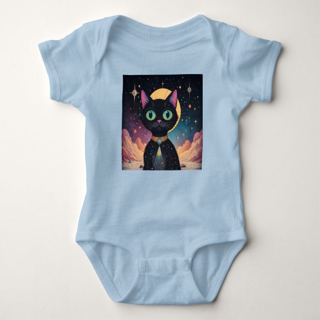 Body Para Bebê Gato Negro Cósmico de Futuro Atômico à Lua (Frente)