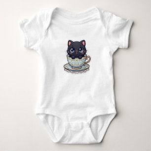 Body Para Bebê Gato Preto Kawaii Fofo em Xícara de Chá Vintage pa