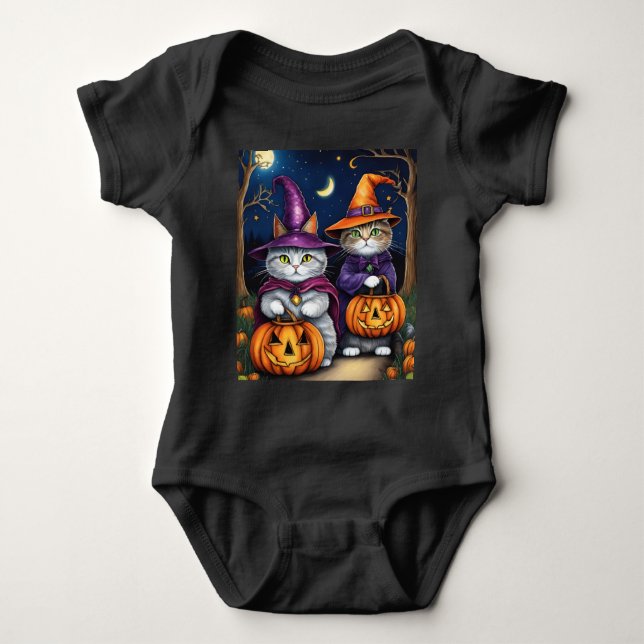 Body Para Bebê Gatos como Bruxas Fofo Halloween (Frente)