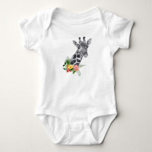 Body Para Bebê Girafa em Aquarela com Buquê Tropical