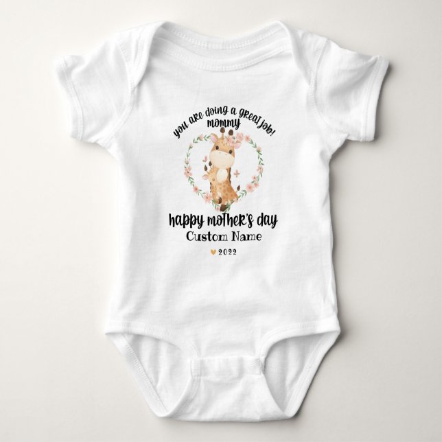 Body Para Bebê Girafa Feliz Dia das Mães com Nome (Frente)