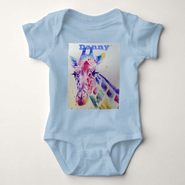 Body Para Bebê Girafa Whimsical Watercolor Blue Babs Bebês de Beb (Frente)