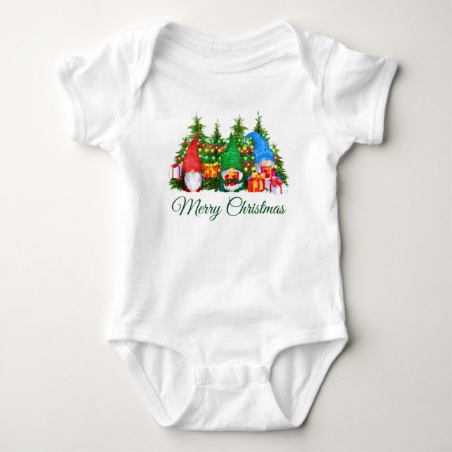 Body Para Bebê Gnomos de Aquarela Verde Feliz Natal (Frente)