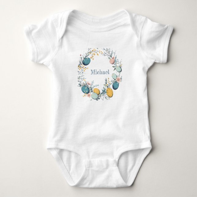 Body Para Bebê Grinalda de Páscoa Floral com Nome Personalizado O (Frente)