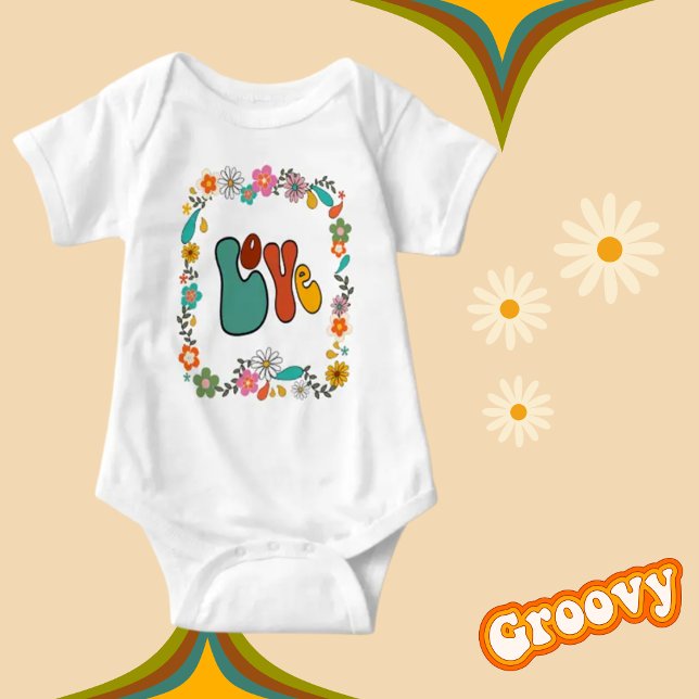 Body Para Bebê Groovy Baby LOVE floresce 70 anos inspirado (Criador carregado)