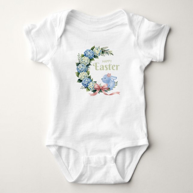 Body Para Bebê Guirlanda de Hydrangea de Páscoa em Aquarela Coelh (Frente)