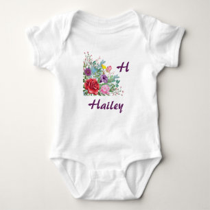 Body Para Bebê H Hailey Personalize o nome da letra, Rosa Flores
