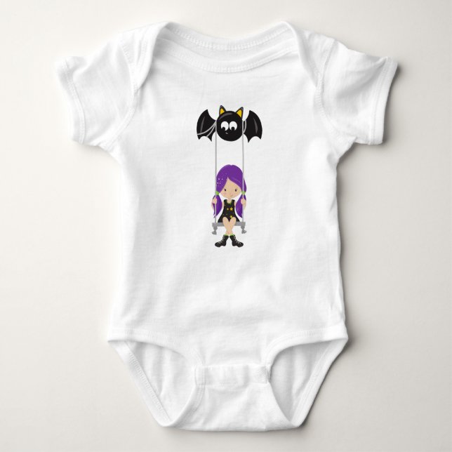 Body Para Bebê Halloween, Bruxa Em Balança, Bat, Truque Ou Tratam (Frente)