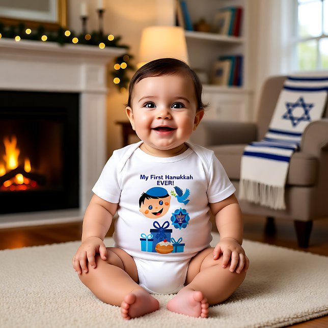 Body Para Bebê 👶 🍩 Hanukkah, 1rua do bebê - com um bebê judeu f (Baby's 1st Hanukkah - with happy Jewish baby Baby Bodysuit)