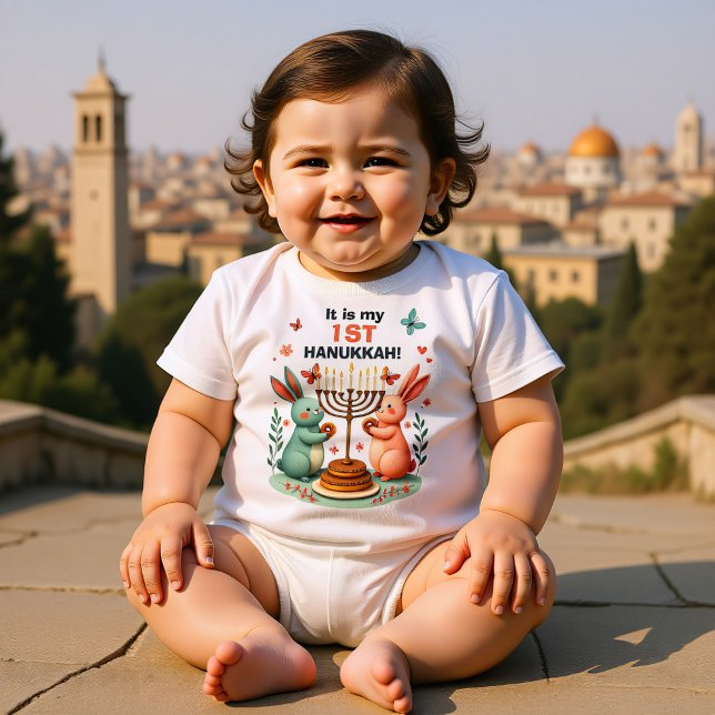 Body Para Bebê Hanukkah Bunny’s First Bright Night (Hanukkah Bunny’s First Bright Night Baby Bodysuit, custom text)