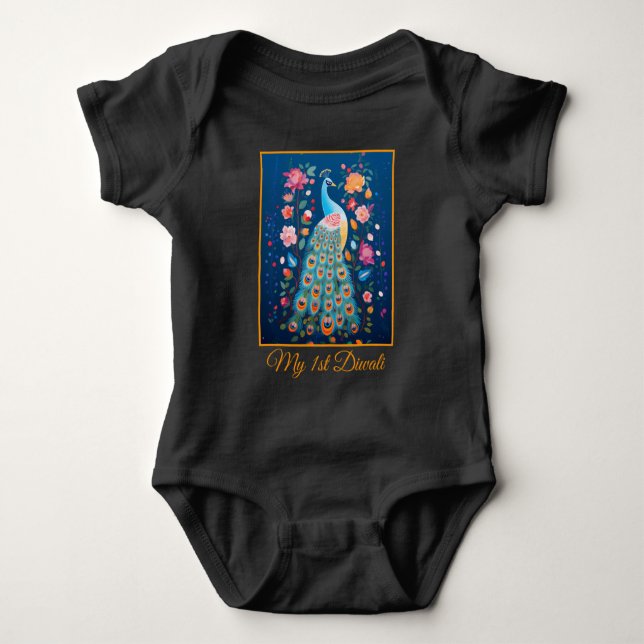 Body Para Bebê Happy Diwali Peacock & Flowers (Frente)