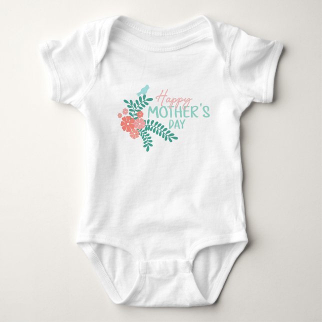 Body Para Bebê Happy mother's day text flowers bird (Frente)