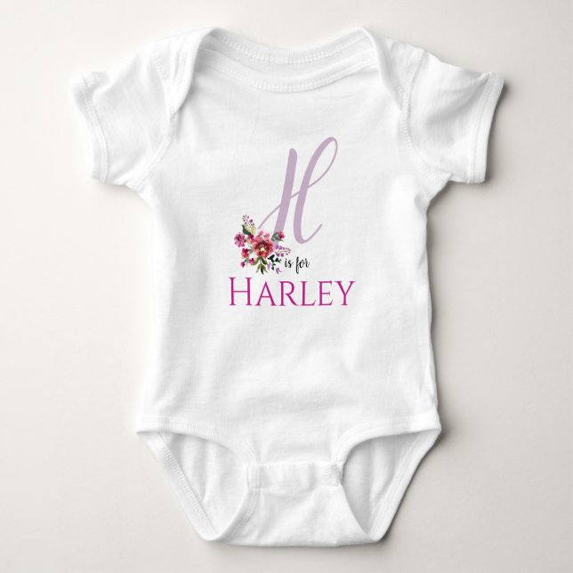 Body Para Bebê Harley Name Reveal Floral - Letra H Girl Whimsical (Frente)