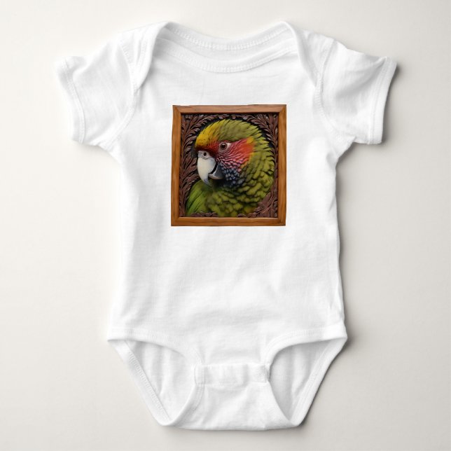 Body Para Bebê Harmonia da Floresta: Lorikeet Verde em Madeira Ta (Frente)