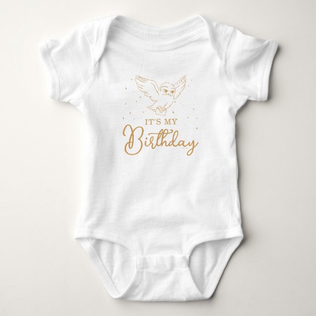 Body Para Bebê Harry Potter Hedwig Ouro Magia Aniversário (Frente)