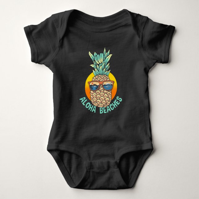 Body Para Bebê Hawaii Pineapple Sunglass Surfing Sunset Beach (Frente)