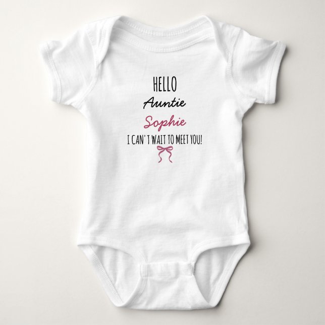 Body Para Bebê Hello Auntie Custom Name Coquette Bow (Frente)