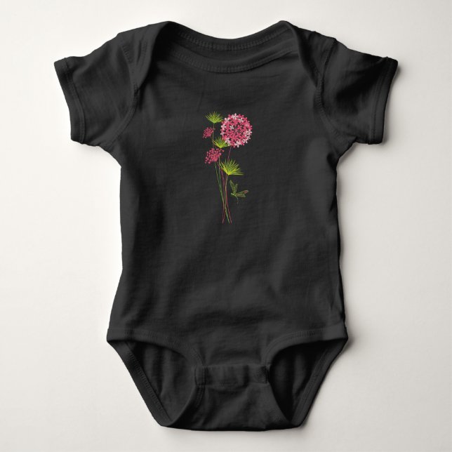 Body Para Bebê Hidrangea Rosa Macacão Unitário Preto (Frente)