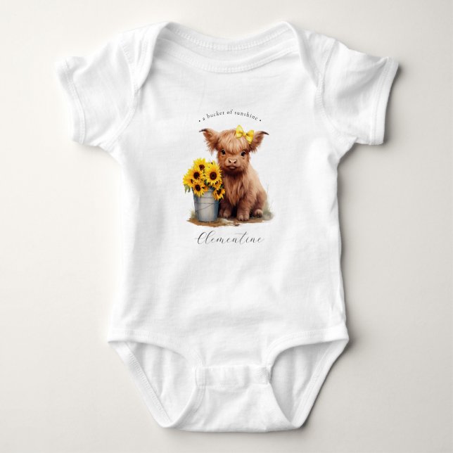 Body Para Bebê Highland Cow Sunflower Balde (Frente)