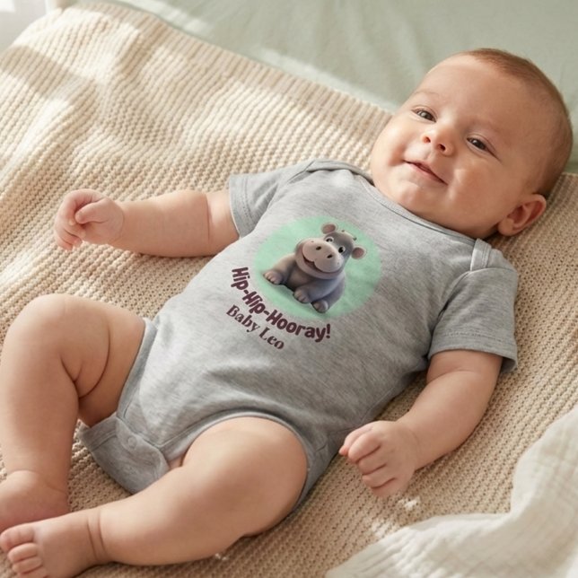 Body Para Bebê "Hip-Hip-Hooray!" Hippo Personalized Baby Bodysuit (Criador carregado)