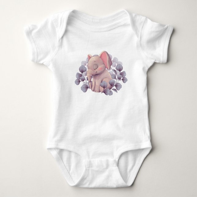 Body Para Bebê Ilustração de Bebê Elefante Fofo Dormindo com Folh (Frente)