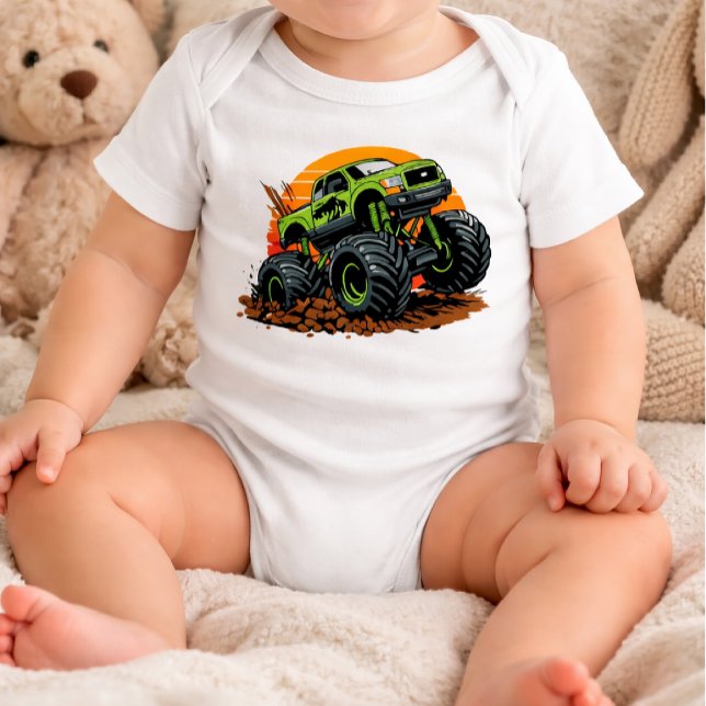 Body Para Bebê Ilustração de Caminhão Monstro Verde Correndo Off- (Criador carregado)
