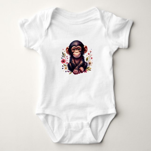 Body Para Bebê Ilustração de Chimpanzé Kawaii (Frente)