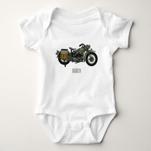 Body Para Bebê Ilustração de desenho animado de motocicleta milit (Frente)