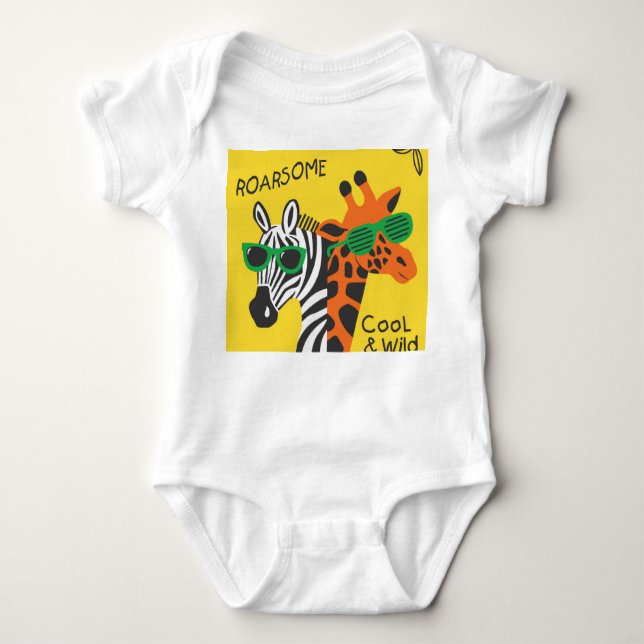 Body Para Bebê Ilustração do Cartoon Zebra Girafa legal (Frente)