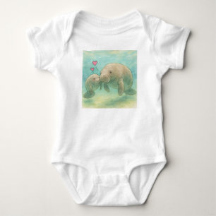 Body Para Bebê Ilustração em Aquarela de Mãe e Bebê Peixe-Boi –