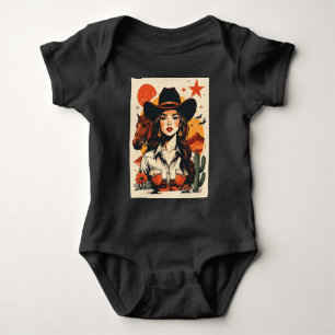 Body Para Bebê Ilustração Vintage de Cowgirl Western ao Pôr do So
