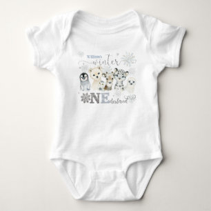 Body Para Bebê Inverno Onederland Animais Árticos Azul 1º Anivers