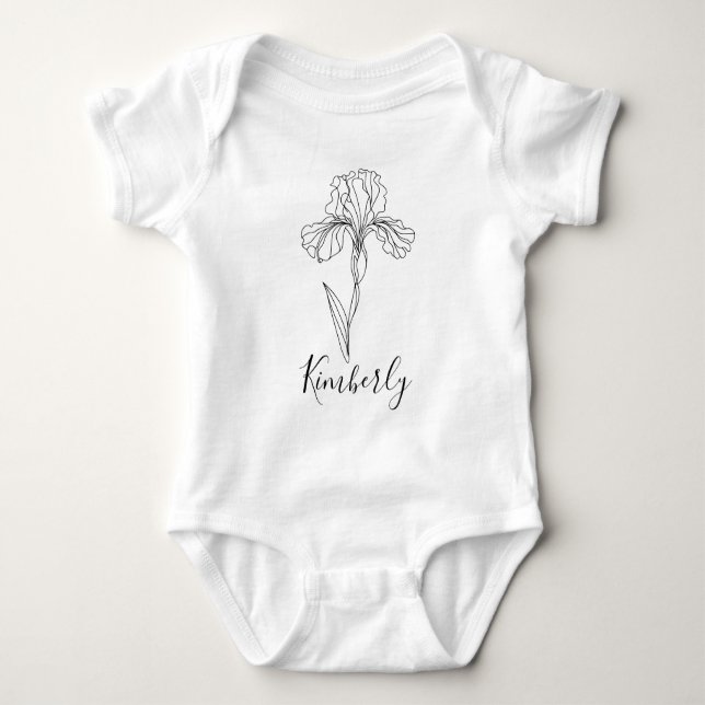 Body Para Bebê Íris de fevereiro com nome personalizado Flor de N (Frente)