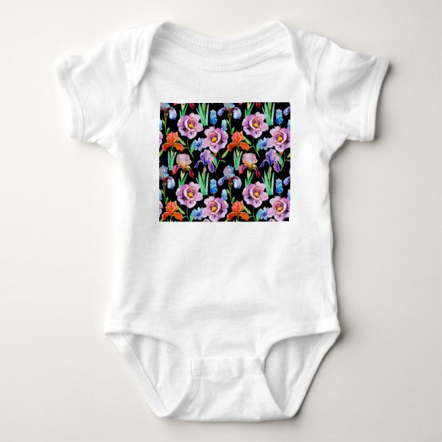 Body Para Bebê Iris Peony Watercolor Padrão Floral (Frente)