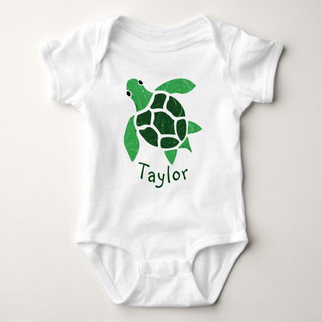 Body Para Bebê Jade Green Sea Turtle Mosaico com Nome (Frente)