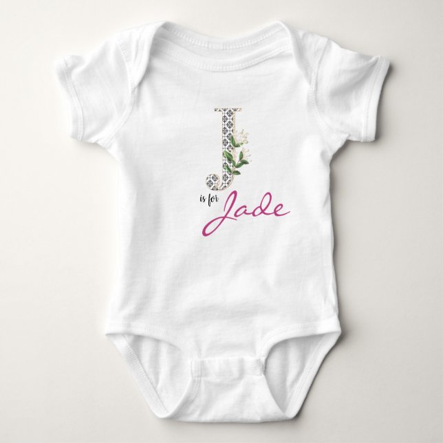 Body Para Bebê Jade Name Reveal Floral - Letra J Girl Whimsical (Frente)