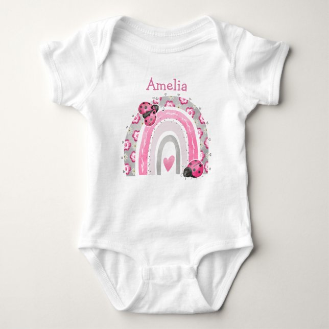 Body Para Bebê Joaninhas Rosa com Bodysuit Bebê Arco-íris (Frente)