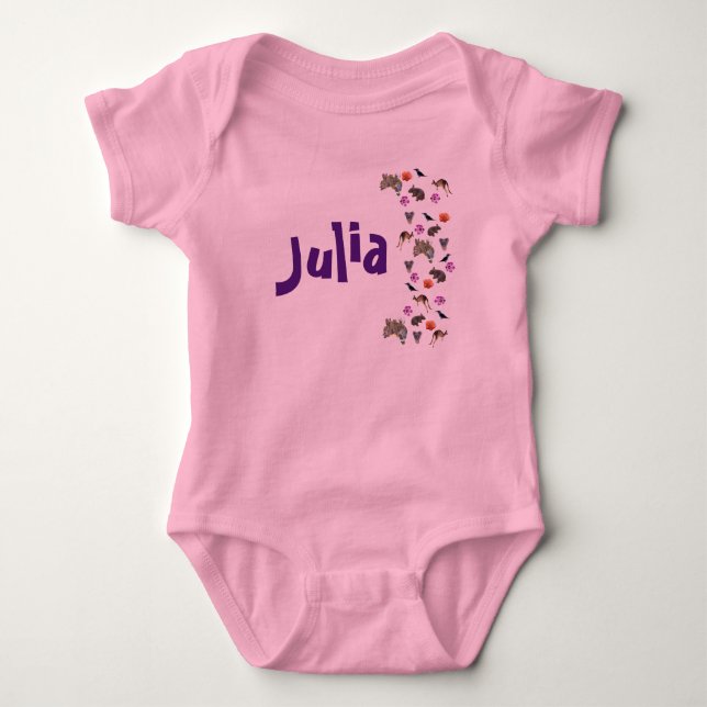 Body Para Bebê Julia, Nome Com Vida Selvagem Australiana,  (Frente)