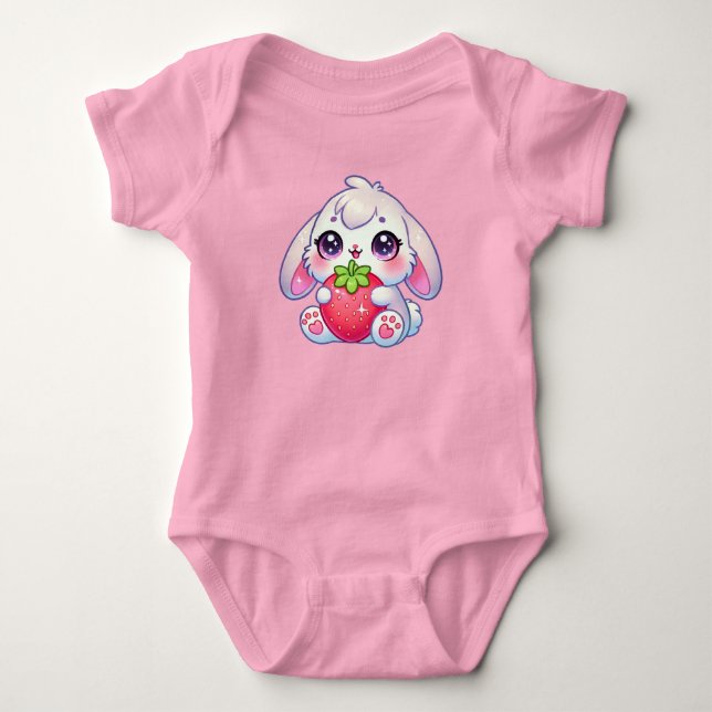Body Para Bebê Kawaii Chubby Bunny Hugging Strawberry (Frente)