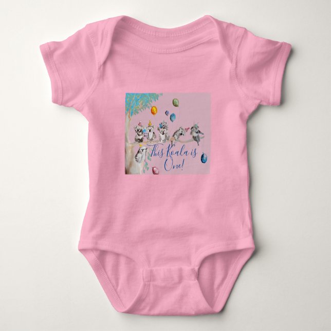 Body Para Bebê Koala Cute First Birthday Pastel Pink Watercolor (Frente)