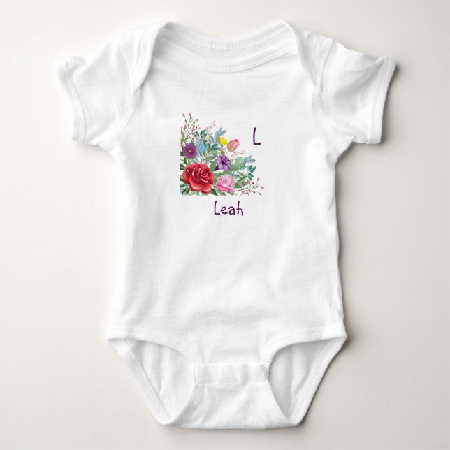 Body Para Bebê L Leah Letra Personalizada Nome, Flores de Rosa (Frente)