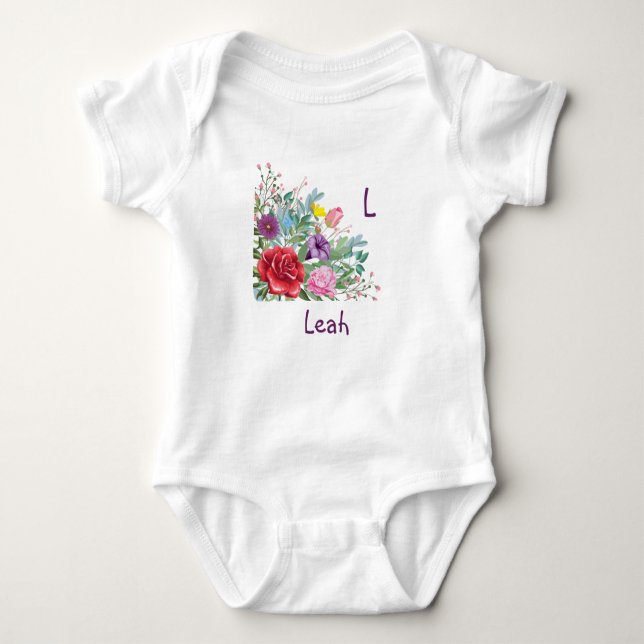 Body Para Bebê L Leah Personalizar Letra Nome, Flores de Rosa (Frente)