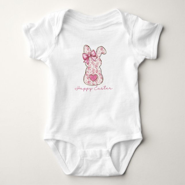 Body Para Bebê Laço Coquete de Coelho de Páscoa Floral Rosa (Frente)