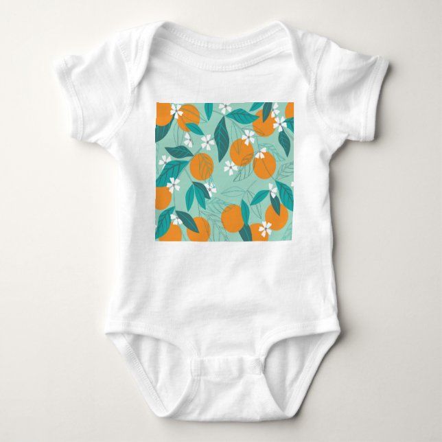 Body Para Bebê Laranjas florescentes, folhas, arte safada. (Frente)
